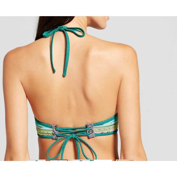 Shade & Shore Torquiose Gold Strappy Halter Bikini Top 38DD underwire molded cup - Picture 5 of 5